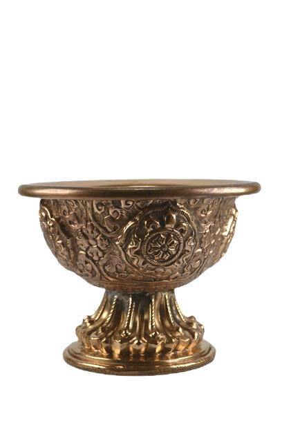 THE BUDDHIST SHOP Copper Stand Full Carved Water Offering Bowl (Tings) ~ Set of 7pcs