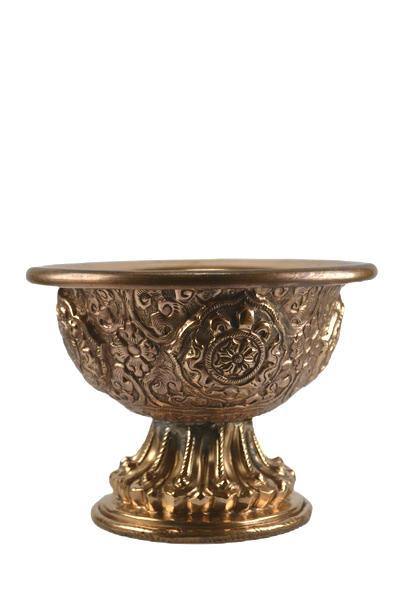 THE BUDDHIST SHOP Copper Stand Full Carved  Water Offering Bowl (Tings)  ~ Set of 7pcs 